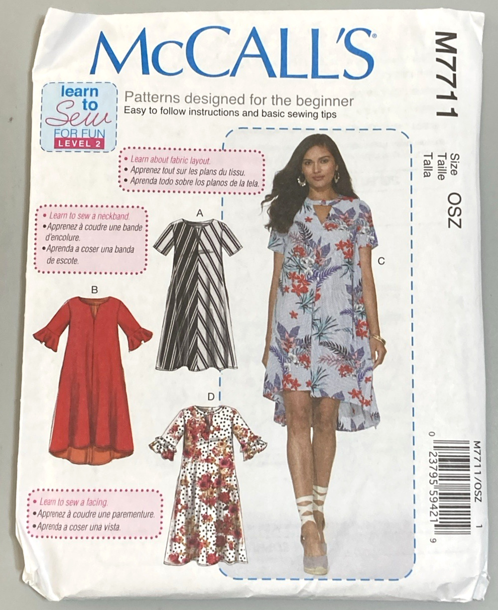 McCalls Pattern M7711 Loose Fit Dress w/Neck~Sleeve Opts XS-XL 4-22 UNCUT